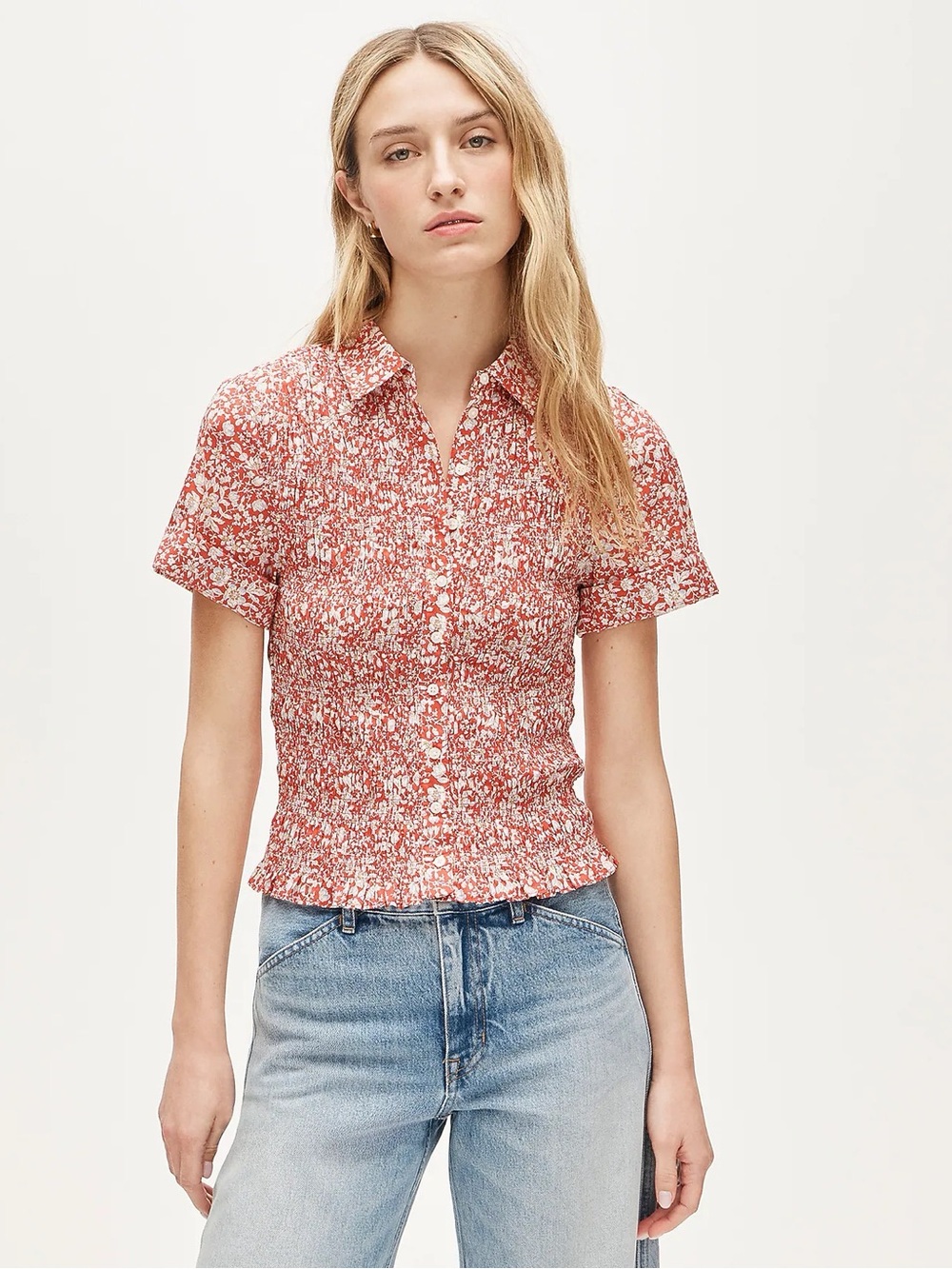 J. Crew Smocked button-up short-sleeve shirt in floral print